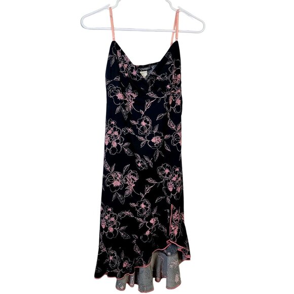 Vintage 90s Floral Dress Women Medium 8 Ruffle Knee Length Strap Black Pink New - Picture 8 of 15